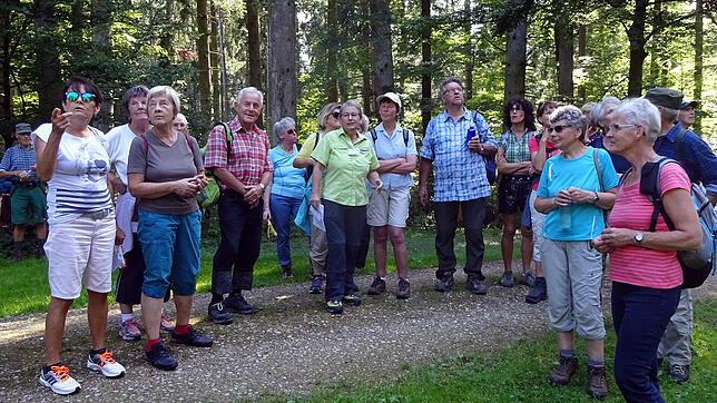 Auf der Wanderung voriges Jahr erläutert Wanderführerin Monika Recktenwald am Blauen Stein zwischen Riedöschingen und Randen die ...