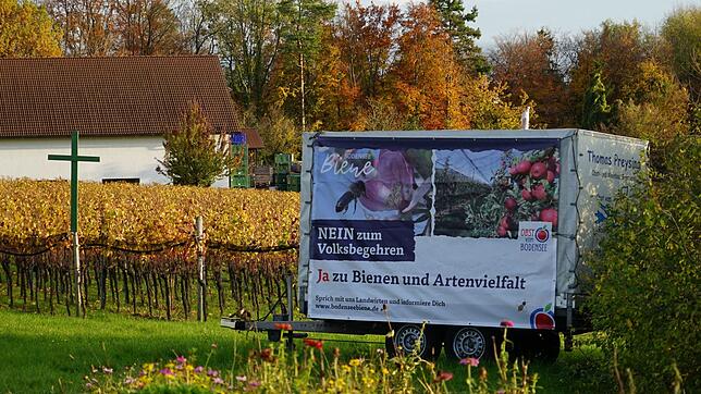 Ein grünes Kreuz und ein Plakat gegen das Volksbegehren: Auch Fabian Dimmeler steht wie viele Winzer voll hinter dieser Protestaktion ...