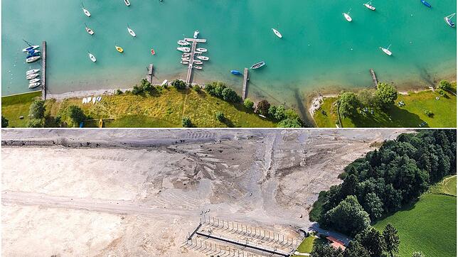 Zwei Jahre, zwei völlig unterschiedliche Ansichten: Unten der leere Forggensee im Sommer 2018 im östlichen Allgäu in der Nähe der ...