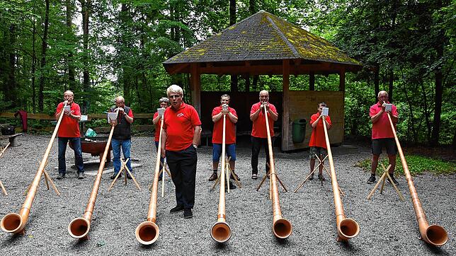 Die Alphornfreunde bei der Probe auf dem Waldparkplatz in Herten.