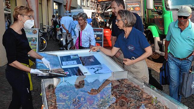 Bei ihrer Aktion in der Marktstraße zeigt Betty Beier Besuchern des Wochenmarktes ein Stück Boden von einer Fläche, die inzwischen unter ...