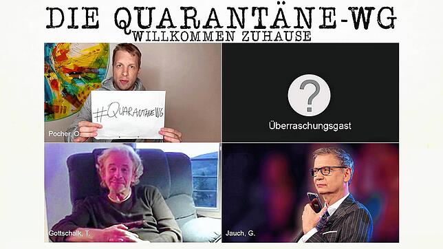 Die &bdquo;Quarantäne-WG&ldquo;: Günther Jauch (r. unten), Thomas Gottschalk (l. unten) und Oliver Pocher (l. oben), der positiv auf ...