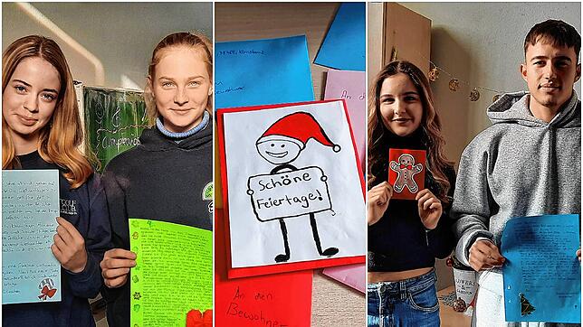 Die Jugendlichen Lena Brey und Anna Schröter sowie Anisa Maliqi und Donik Kryeziu mit ihren Briefen für die Heimbewohner eines ...