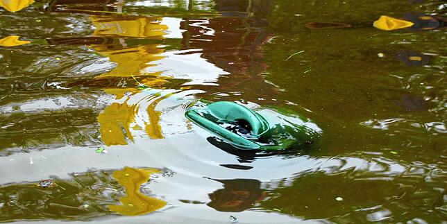 Eine Gießkanne schwimmt im Biergarten.