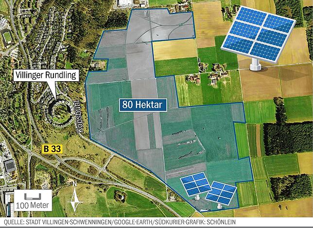 Auf den blau markierten Flächen östlich von Villingen plant die Stadt einen großen Solarpark. Davon sollen rund 40 bis 50 Hektar mit ...