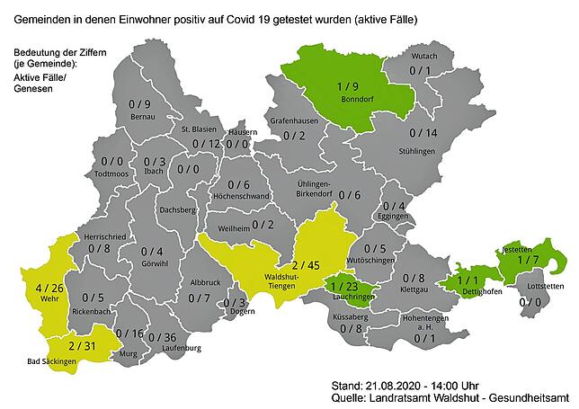 Zahlen der bestätigten Sars-CoV-2-Infektionen und der Genesenen in den Städten und Gemeinden im Kreis Waldshut am 21. August 2020.
