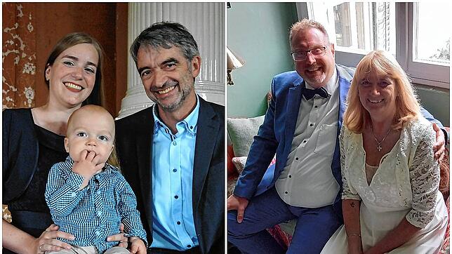 Laura Marie und Michael Treder mit Benjamin (links) und Volker und Andrea Rothenburg haben sich in der Schlosskapelle Langenstein bei ...