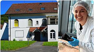 Links die alte Zwirnerei in Eggingen, rechts eine Aufnahme aus dem Inneren: Irina Früh, Auftragsbearbeitung der Abteilung Vanille und ...