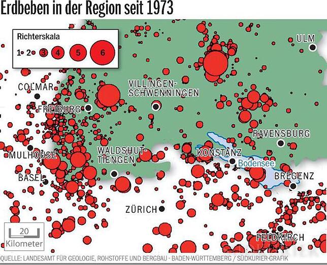 Auf dieser Karte kann man sehen, wo in der SÜDKURIER-Region die meisten Erdbeben sind.