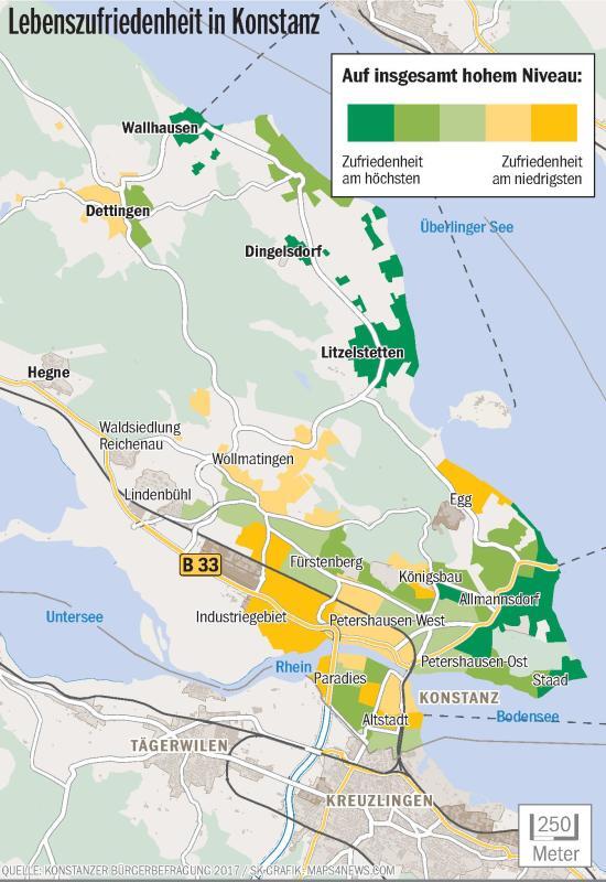 Bild 1: Der Konstanzer Glücksatlas: In welchen Teilen der Stadt die Konstanzer besonders gerne leben