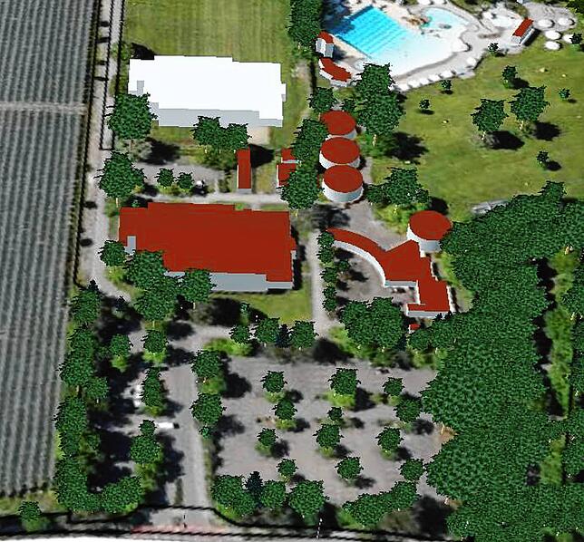 Die neue Rotachhalle (weiß) auf der Wiese beim Wellenbad (rechts oben) südlich der alten Halle (roter Bau) gebaut werden und damit weit ...