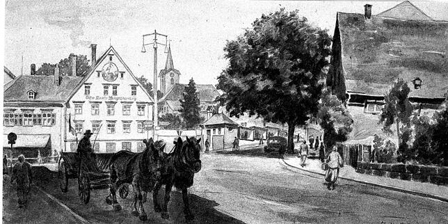 Diese Zeichnung von Hans-Georg Müller-Hanssen zeigt das Gasthaus Storchen um die 1920er-Jahre. Heute steht dort das Modehaus Zinser. Im ...