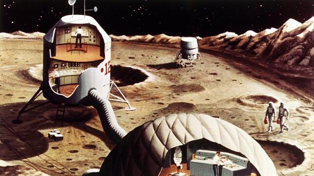 So dachte man sich in den 60er-Jahren einen Stützpunkt auf dem Mond. Durch einen Schlauchtunnel gelangt man vom Landemodul in die Kuppel ...