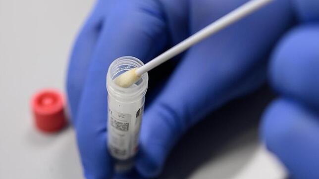 Ein Mann zeigt einen Abstrich für das Testverfahren auf das Virus SARS-CoV-2.