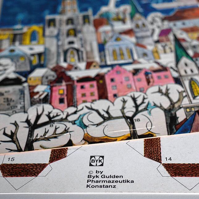 Mit Bastelbögen von Sehenswürdigkeiten am Bodensee und einem hübschen Konstanz-Adventskalender macht Byk Gulden in den 1970er-Jahren ...