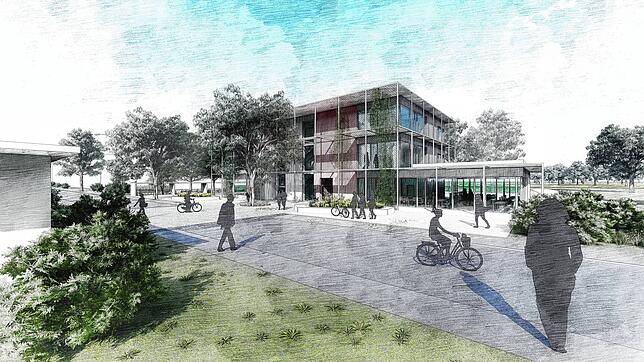 So soll der Neubau der Zeppelin-Realschule in der Singener Südstadt einmal aussehen: Animation des Vorentwurfs von MMP Architekten aus ...