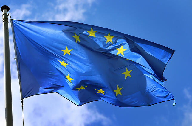 Eine Europafahne weht vor dem Europäischen Parlament.