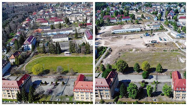 Das Konversiongelände von oben. Links eine Aufnahme vom 7. April 2020 und rechts eine Aufnahme vom 12. August 2022.