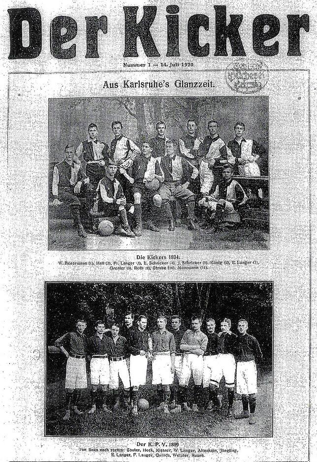 Am 14. Juli 1920 erscheint die erste Ausgabe &bdquo;Der Kicker&ldquo; mit Mannschaftsfotos der Karlsruher Kickers und des Karlsruher FV ...