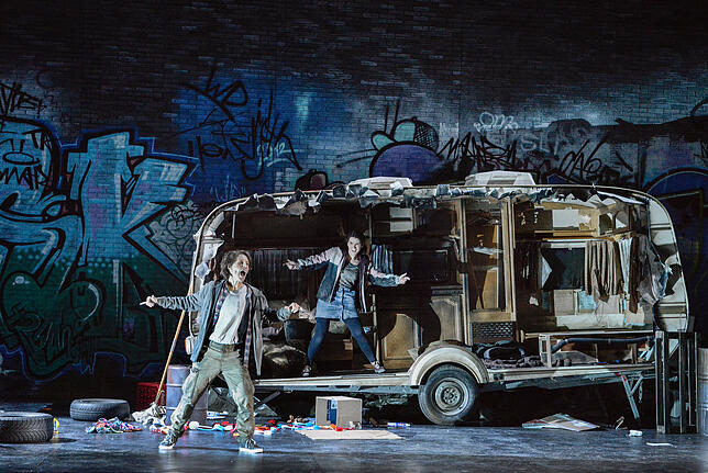 Hänsel (Anna Stéphany) und Gretel (Olga Kulchynska) am Wohnwagen, in dem die Familie lebt.