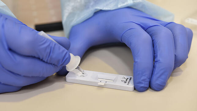 Die Probe von einem Corona-Schnelltest wird auf einen Teststreifen getröpfelt: Vor den Fest- und zwischen den Feiertagen testeten ...