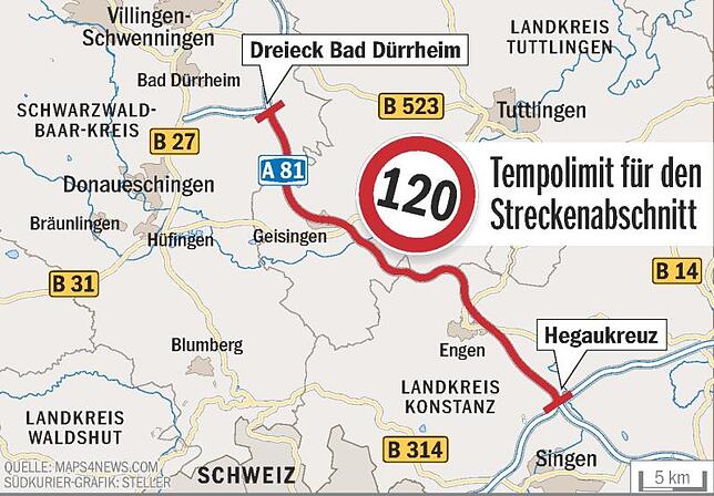 Tempolimit für den Streckenabschnitt auf der A 81.