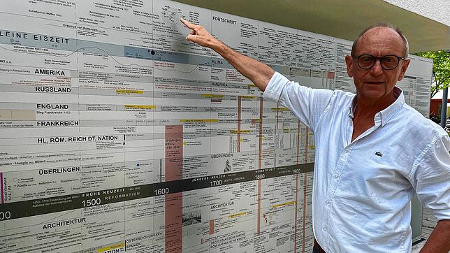 Erd-, Menschheits- und Heimatgeschichte hat Architekt Gerhard Metzger auf den transparenten Glastafeln im Quartier Q5 anschaulich ...