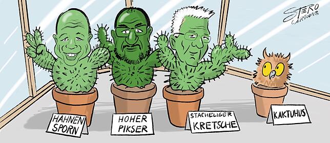 Während der Landesgartenschau werden im Pflanzenhaus keine Kakteen, sondern Landespolitiker zu sehen sein. Karikatur: Stefan Roth
