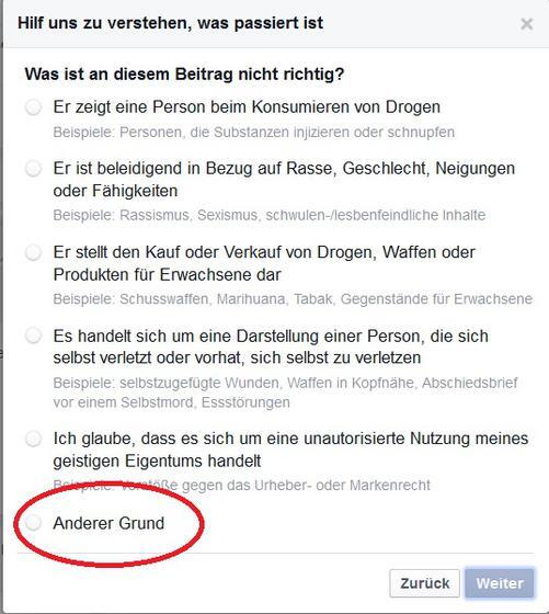 Mehr Auswahl gibt es nicht mehr: Klickt man auf "Anderer Grund", bietet einem Facebook nur an, die Seite zu blockieren oder sie wegen ...