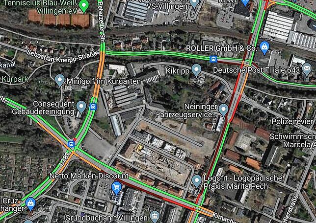 Freitag, 24. Februar, 13.30 Uhr, Bildschirmfoto von Google Maps: In der Richthofen- und Kirnacher Straße staut sich der Verkehr, wie die ...