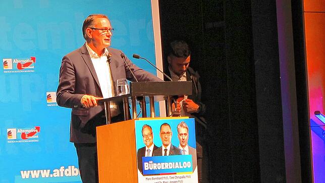 Tino Chrupalla während seiner Rede bei der AfD-Veranstaltung in Villingen-Schwenningen.
