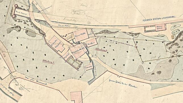 Dem badischen Bahnbau war die Laufenburger Haas-Mühle ein Hindernis. Ein Plan von 1853 zeigt den Grunderwerb zwischen Bahnhof und ...
