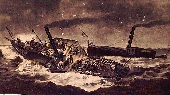 1861 auf dem Bodensee: Die „Stadt Zürich“ (rechts) rammt in einem Sturm den Dampfer „Ludwig“ mittschiffs. Dieser sinkt binnen weniger ...