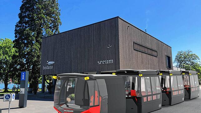 Diese Visualisierung zeigt, wie es aussehen könnte, wenn der selbstfahrende Bus Bolu-Train vor dem Seeum in Bodman steht.
