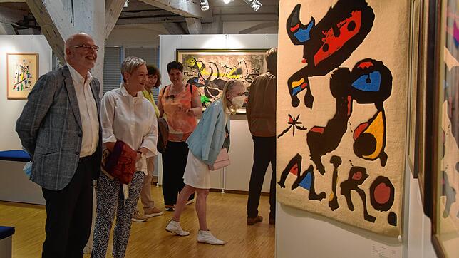 Der Stockacher Bürgermeister Rainer Stolz (links) sieht sich wie viele anderen Besucher der Vernissage im Stadtmuseum die vielfältigen ...