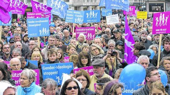 Demonstranten protestieren in Stuttgart unter dem Motto &#8222;Demo für alle" gegen den Bildungsplan der Landesregierung.