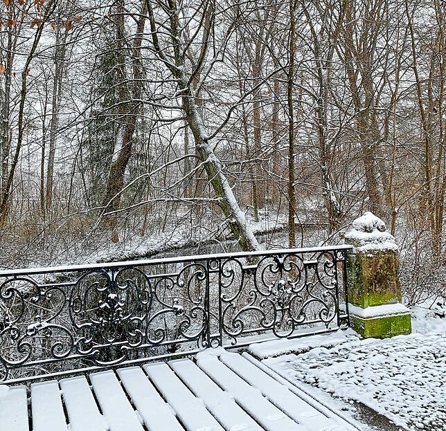 Diese Brücke im Schlosspark in Donaueschingen sieht aus wie im tiefsten Winter.