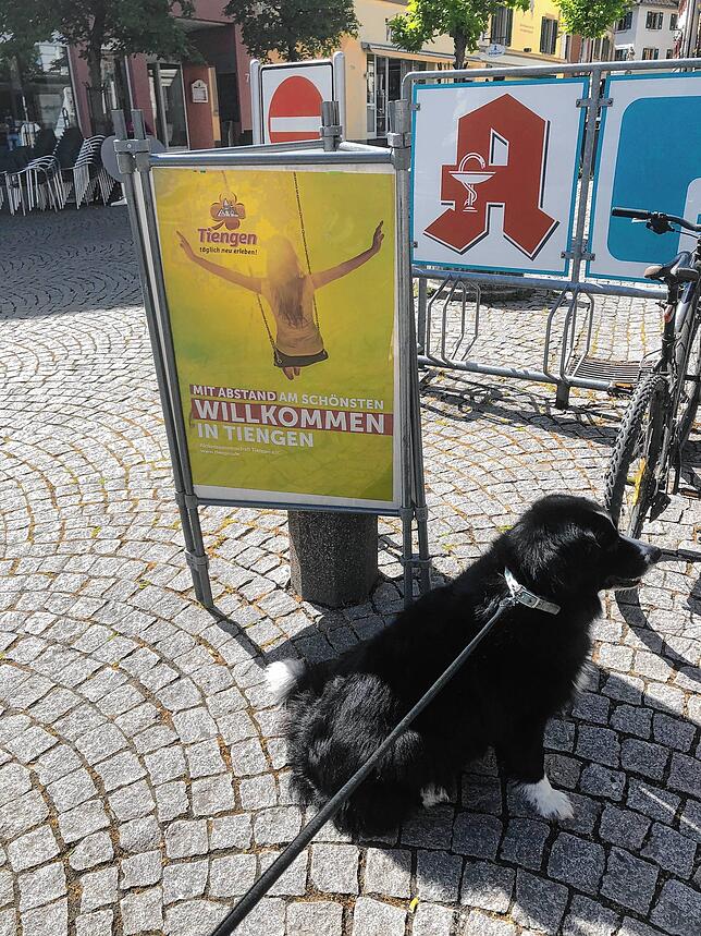 &bdquo;Mit Abstand am Schönsten&ldquo; steht auf einem Plakat in der  Tiengener Hauptstraße, das auf die Wiedereröffnung der Geschäfte ...