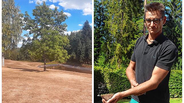 Vertrockener Rasen, wohin man schaut (links). Auf einem Golfplatz, der sonst geradezu grün leuchtet. Greenkeeper Michael Exner (rechts) ...