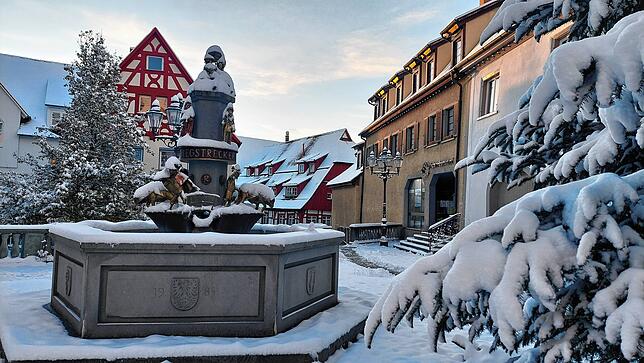 Der Narrenbrunnen auf dem Marktplatz im Schnee-Häs.