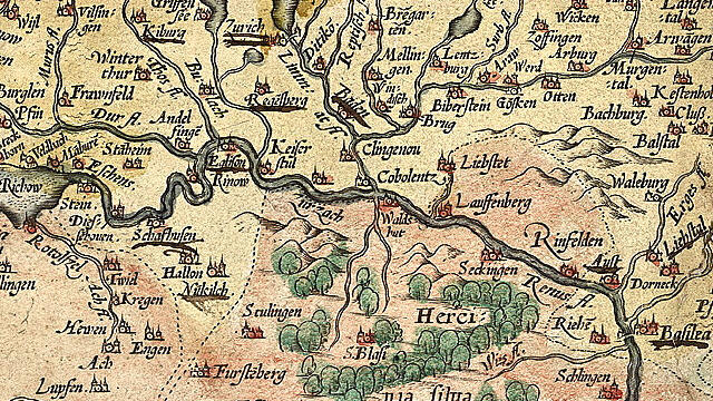 Im Ausschnitt der Tschudikarte von 1538 ist auch das angrenzende deutsche Gebiet mit den vier Waldstädten Waldshut, Lauffenberg, ...