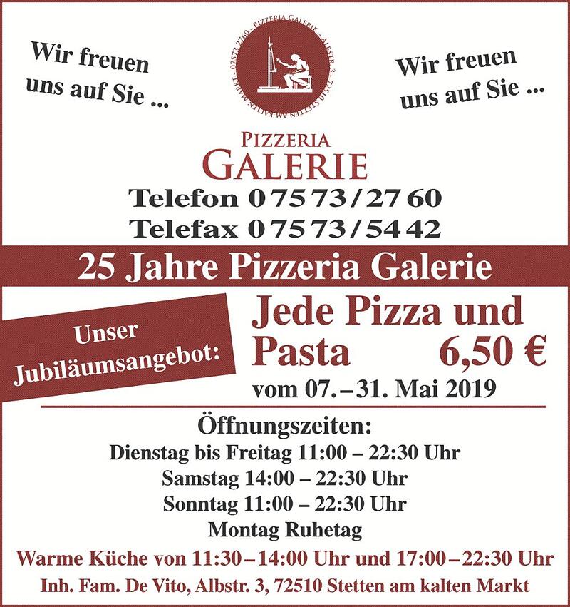 Stetten am kalten Markt 25 Jahre Pizzeria Galerie Stetten a.k.M. Wo Pizza, Pasta und Eis